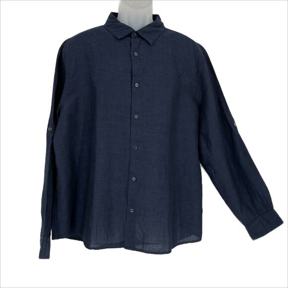 Perry Ellis Men's Untucked Roll Sleeve Linen Shirt in Navy Size XXL - Picture 1 of 6